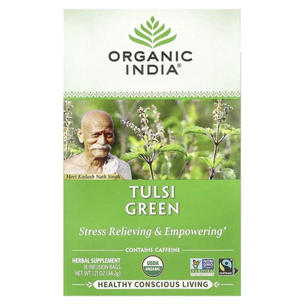 Organic India, чай с тулси, зеленый, 18 пакетиков, 34,2 г (1,21 унции)