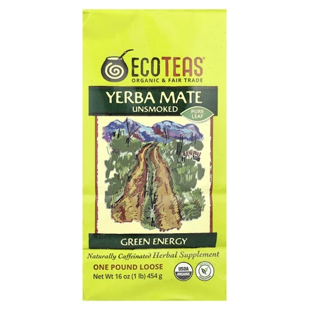 EcoTeas, листовой рассыпной чистый чай йерба мате, некопченный, зеленая энергия, 454 г (16 унций)