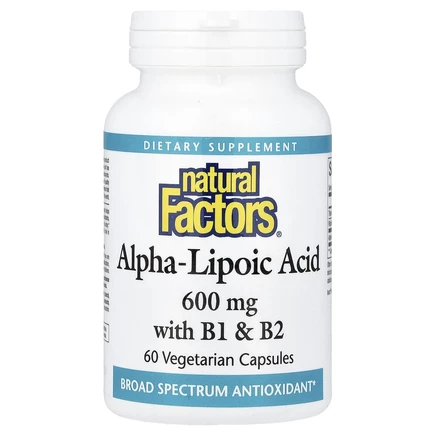 Natural Factors, Альфа-липоевая кислота с витаминами B1 и B2, 600 мг, 60 вегетарианских капсул