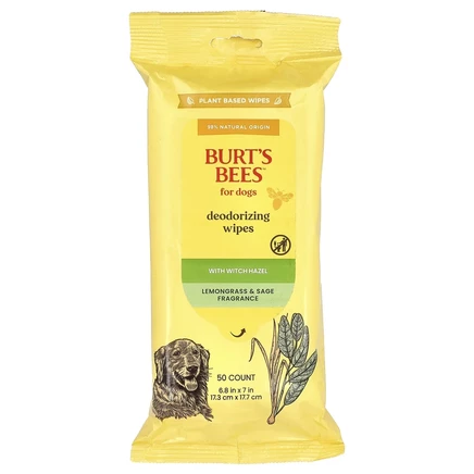 Burt's Bees, дезодорирующие салфетки с гамамелисом, для собак, лемонграсс и шалфей, 50 шт.