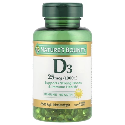 Nature's Bounty, D3, 25 мкг (1000 МЕ), 250 мягких таблеток ускоренного высвобождения