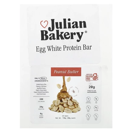 Julian Bakery, Протеиновый батончик из яичного белка, арахисовая паста, 12 батончиков по 60 г