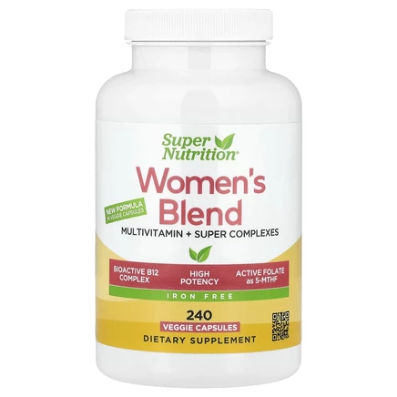 Super Nutrition, мультивитамины для женщин, с растительными компонентами, зеленью, специями и витамином A для поддержки баланса, без железа, 240 растительных капсул