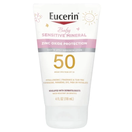 Eucerin, Для детей, минеральный солнцезащитный лосьон для чувствительной кожи, SPF 50, без отдушек, 118 мл (4 жидк. Унции)