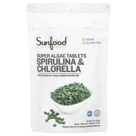 Sunfood, спирулина и хлорелла, таблетки с суперводорослями, 250 мг, 456 таблеток