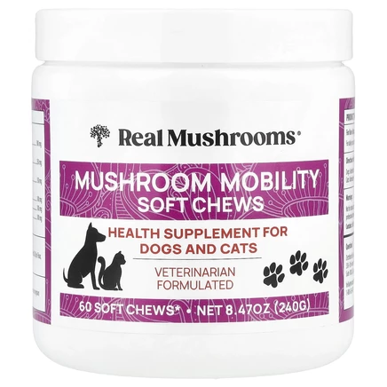 Real Mushrooms, Mushroom Mobility, мягкие жевательные таблетки, для собак и кошек, 60 жевательных таблеток, 240 г (8,47 унции)