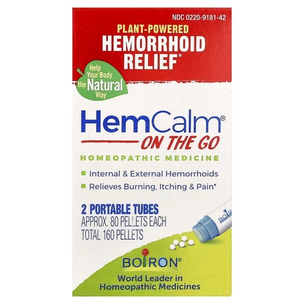 Boiron, HemCalm On The Go, средство от геморроя, 2 переносные тубы, прибл. 80 гранул каждая