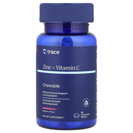 Trace Minerals ®, Жевательные таблетки с цинком и витамином C, малина, 60 жевательных вафель