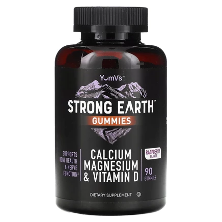 YumVs, Strong Earth, жевательные мармеладки с кальцием, магнием и витамином D, малина, 90 жевательных таблеток
