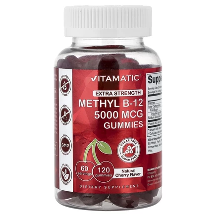 Vitamatic, метилкобаламин, повышенная сила действия, натуральная вишня, 5000 мкг, 120 жевательных таблеток (2500 мкг в одной жевательной таблетке)