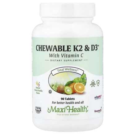 Maxi Health, жевательные таблетки K2 & D3™, натуральная вишня и ваниль, 90 таблеток