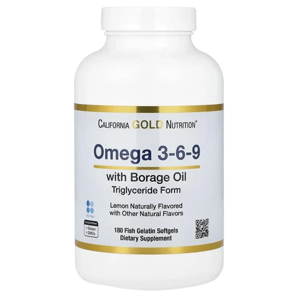 California Gold Nutrition, рыбий жир с омега 3-6-9 и маслом бурачника, норвежский триглицерид, натуральный лимонный вкус, 180 капсул