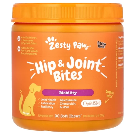 Zesty Paws, Прикусывание бедер и суставов, для собак, для всех возрастов, бекон, 90 жевательных таблеток, 315 г (11,1 унции)