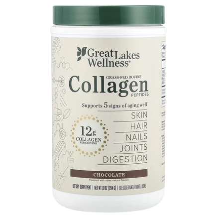 Great Lakes Wellness, Пептиды бычьего коллагена от травяного откорма, шоколад, 284 г (10 унций)