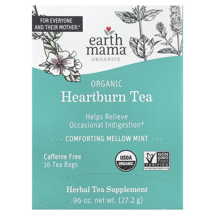 Earth Mama, Organics, органический чай от изжоги, успокаивающая мята, без кофеина, 16 чайных пакетиков, 27,2 г (0,96 унции)