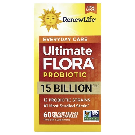 Renew Life, Ultimate Flora, ежедневный пробиотик, 15 млрд КОЕ, 60 вегетарианских капсул