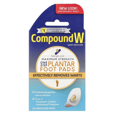 Compound W, Средство для удаления бородавок, One Step Plantar Foot Pads, максимальная сила действия, 20 лечебных подушечек