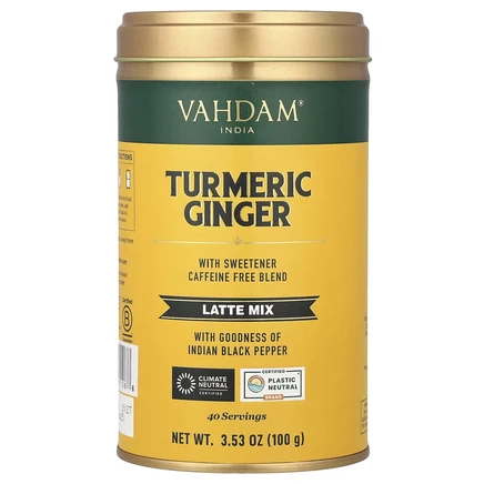 Vahdam Teas, смесь для латте, куркума и имбирь, без кофеина, 100 г (3,53 унции)
