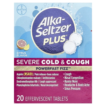 Alka-Seltzer Plus, Power Fast Fizz, от кашля и простуды, для тяжелых форм, цитрусовые, 20 шипучих таблеток