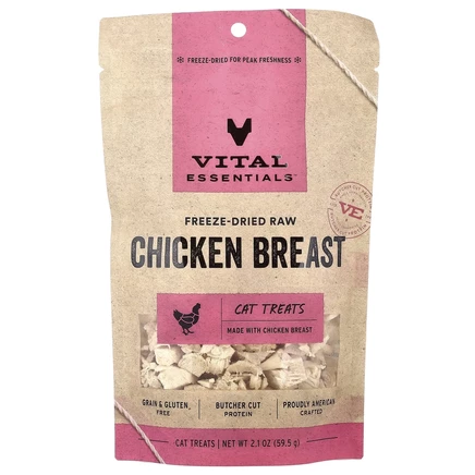 Vital Essentials, сублимированные лакомства для кошек из необработанных продуктов, со вкусом куриной грудки, 59,5 г (2,1 унции)
