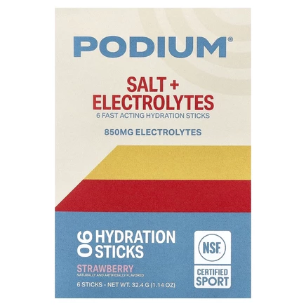 Podium Nutrition, Salt + Electrolytes, стики для восполнения потери жидкости, со вкусом клубники, 6 шт., 32,4 г (1,14 унции)