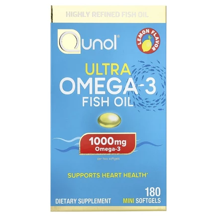 Qunol, ультраомега-3, рыбий жир, со вкусом лимона, 1000 мг, 180 мини-капсул (500 мг в 1 капсуле)