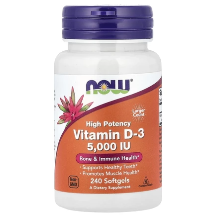 NOW Foods, Витамин D3, высокая эффективность, 125 мкг (5000 МЕ), 240 мягких таблеток