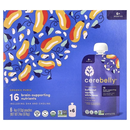 Cerebelly, органическое пюре, для детей от 6 месяцев, мускатная тыква и белая фасоль, 6 пакетиков по 113 г (4 унции)