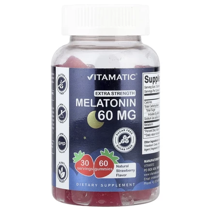 Vitamatic, жевательные таблетки с мелатонином, повышенной силы действия, с натуральным вкусом клубники, без сахара, 60 мг, 60 жевательных таблеток