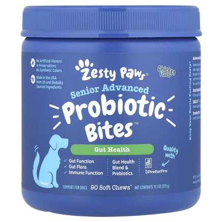 Zesty Paws, Advanced Probiotic Bites для собак, пищеварение, пожилые люди, куриный вкус, 90 мягких жевательных кусочков, 12,7 унций (360 г)