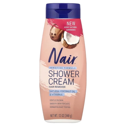 Nair, крем для душа, средство для депиляции, для чувствительной кожи, натуральное кокосовое масло и витамин Е, 340 г (12 унций)