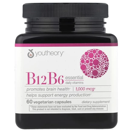 Youtheory, B12, B6, незаменимые ежедневные витамины, 1000 мкг, 60 вегетарианских капсул