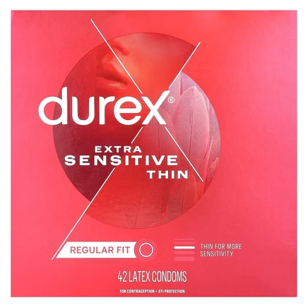 Durex, для экстра чувствительности, тонкие, обычного размера, 42 латексных презерватива