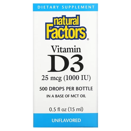 Natural Factors, Витамин D3 в каплях, без ароматизаторов, 25 мкг (1000 МЕ), 15 мл (0,5 жидкой унции)