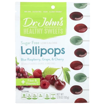 Dr. John's Healthy Sweets, Леденцы на палочке, + клетчатка и витамин C, голубая малина, виноград и вишня, без сахара, 105 г (3,7 унции)