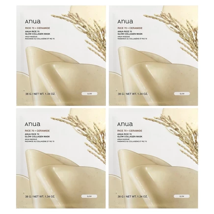 Anua, Rice 70 Glow Collagen, маска для лица с коллагеном, 4 шт. по 38 г (1,34 унции)