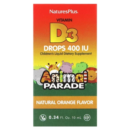 NaturesPlus, Source of Life, Animal Parade, витамин D3 в каплях, с натуральным апельсиновым вкусом, 400 МЕ, 10 мл (0,34 жидк. унции)