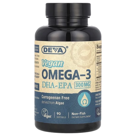 Deva, Веганская Омега-3, ДГК-ЭПК, 300 мг, 90 веганских мягких таблеток
