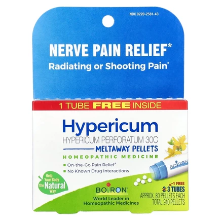 Boiron, Hypericum, средство для снятия нервной боли, гранулы Meltaway, 30C, 3 тюбика, 80 гранул в каждой