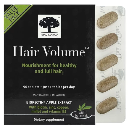 New Nordic, Hair Volume, средство для роста и объема волос, с экстрактом биопектина яблока, 90 таблеток