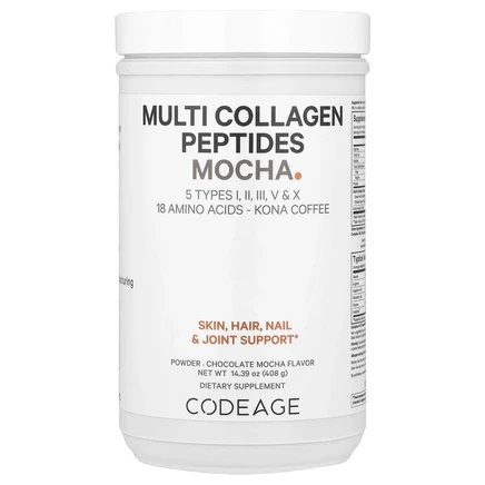 Codeage, Kona Coffee, мультиколлагеновые пептиды, 5 типов I, II, III, V, X, шоколадный мокко, 408 г (14,39 унции)