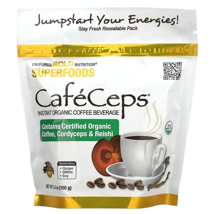 California Gold Nutrition, CafeCeps, сертифицированный органический растворимый кофе с порошком из грибов кордицепс и рейши, 100 г (3,5 унции)
