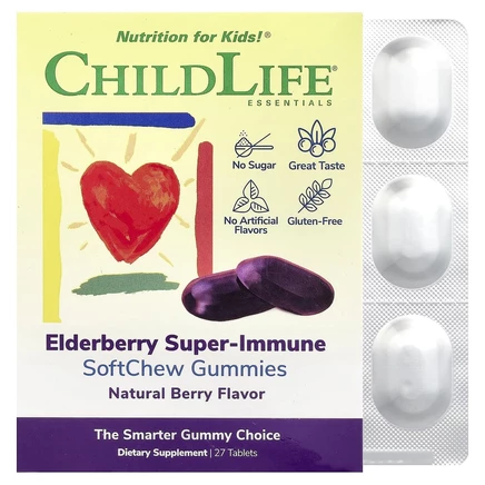 ChildLife Essentials, Super-Immune SoftChew Gummies, жевательные таблетки с бузиной для детей, со вкусом натуральных ягод, 27 таблеток