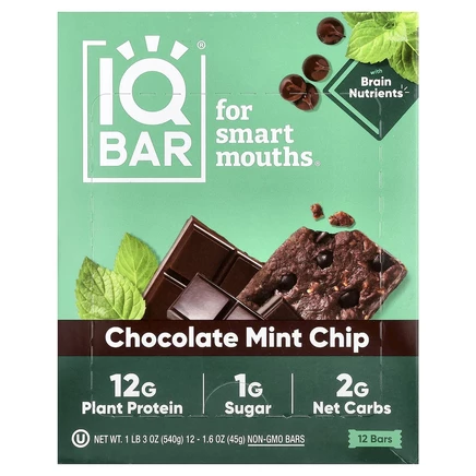 IQBAR, растительные протеиновые батончики, со вкусом шоколадной крошки и мяты, 12 батончиков по 45 г (1,6 унции)