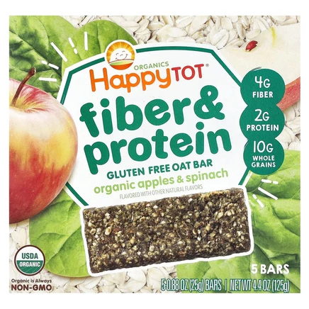 Happy Family Organics, Happy Tot, овсяный батончик с клетчаткой и протеином, для детей от 2 лет, органические яблоки и шпинат, 5 батончиков по 25 г (0,88 унции)