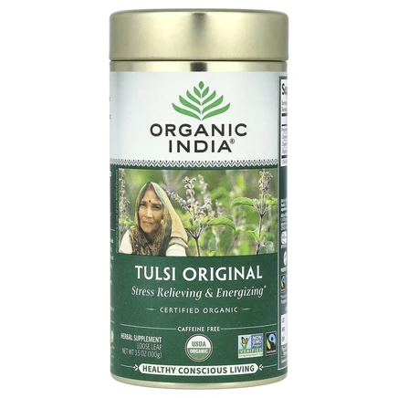 Organic India, Листовой чай тулси, священный базилик, оригинальный вкус, без кофеина, 100 г (3,5 унции)