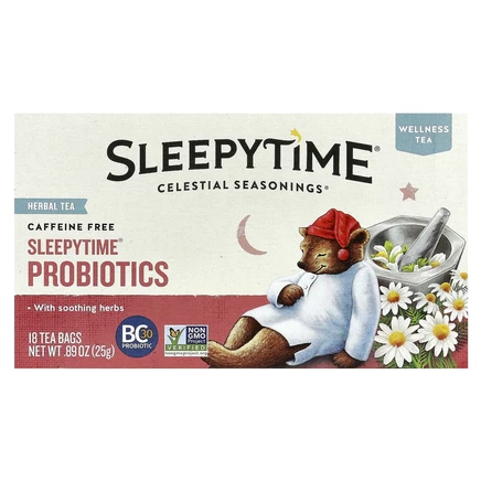 Celestial Seasonings, Wellness, травяной чай, пробиотики для сна, без кофеина, 18 чайных пакетиков по 25 г (0,89 унции)