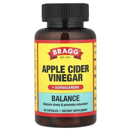 Bragg, Daily Balance, яблочный уксус с ашвагандой, 90 капсул