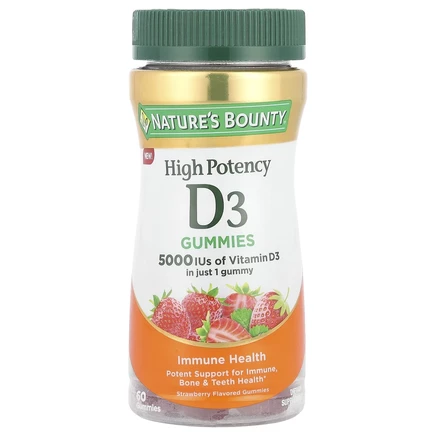 Nature's Bounty, Жевательные мармеладки с витамином D3, высокоэффективные, со вкусом клубники, 5000 МЕ, 60 жевательных таблеток