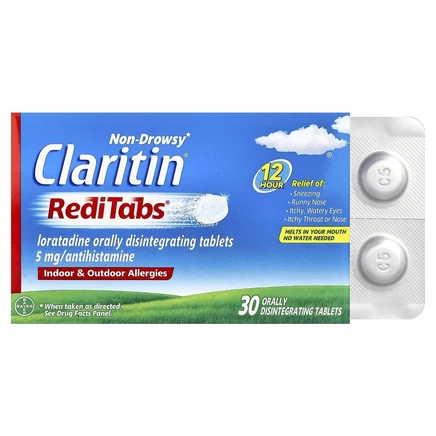 Claritin, RediTabs, не вызывающий сонливости, от аллергии в помещении и на свежем воздухе, 5 мг, 30 таблеток для рассасывания в полости рта
